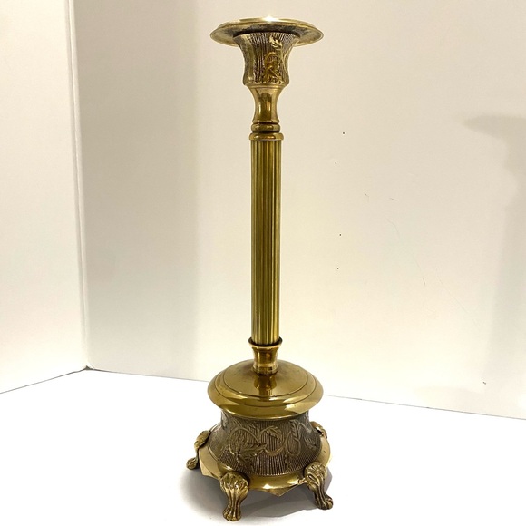 VTG Brass Candlestick Tall Ornate Paw Feet Column Victorian Hollywood Regency